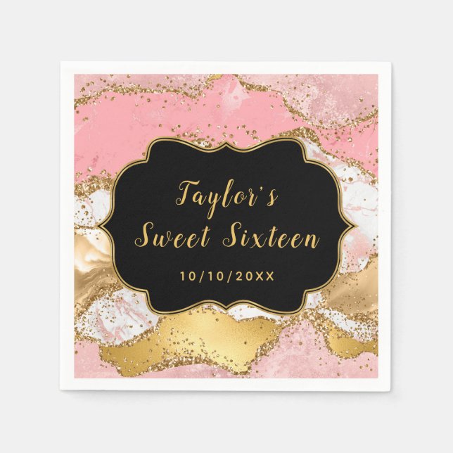 Gold and Pink Sequins Agate Sweet Sixteen Napkins (Front)