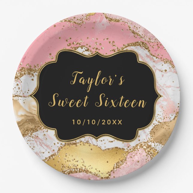 Gold and Pink Sequins Agate Sweet Sixteen Paper Plates (Front)