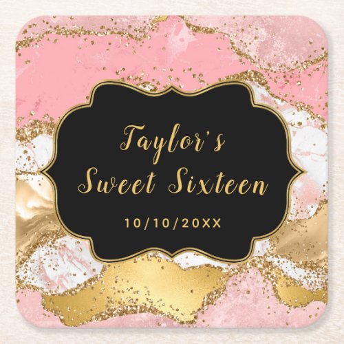 Gold and Pink Sequins Agate Sweet Sixteen Square Paper Coaster