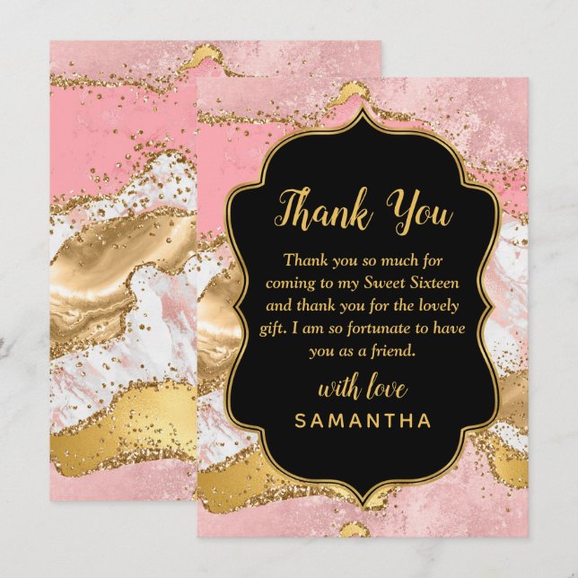 Gold and Pink Sequins Agate Sweet Sixteen Thank You Card (Front/Back)