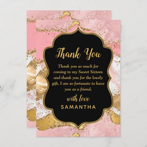 Gold and Pink Sequins Agate Sweet Sixteen Thank You Card
