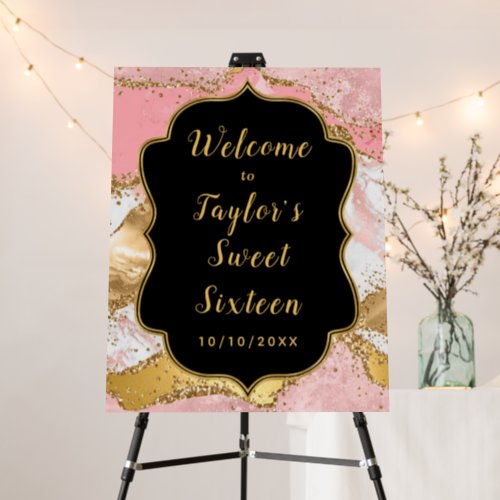Gold and Pink Sequins Agate Sweet Sixteen Welcome Foam Board