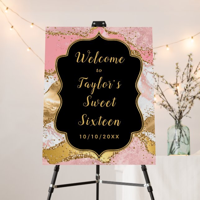 Gold and Pink Sequins Agate Sweet Sixteen Welcome Foam Board (In Situ (Stand))