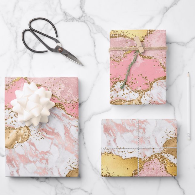 Gold and Pink Sequins Agate Wrapping Paper Sheets (Front)