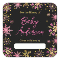 Gold and Pink Snowflakes Baby Shower Bookplate