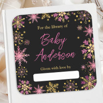 Gold and Pink Snowflakes Baby Shower Bookplate