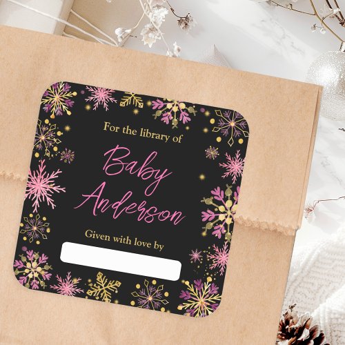 Gold and Pink Snowflakes Baby Shower Bookplate