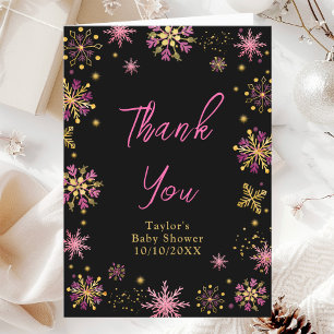 Gold and Pink Snowflakes Baby Shower Letterpress Thank You Card
