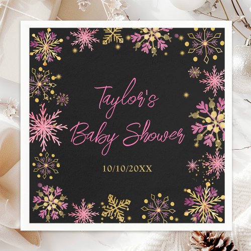 Gold and Pink Snowflakes Baby Shower Napkins