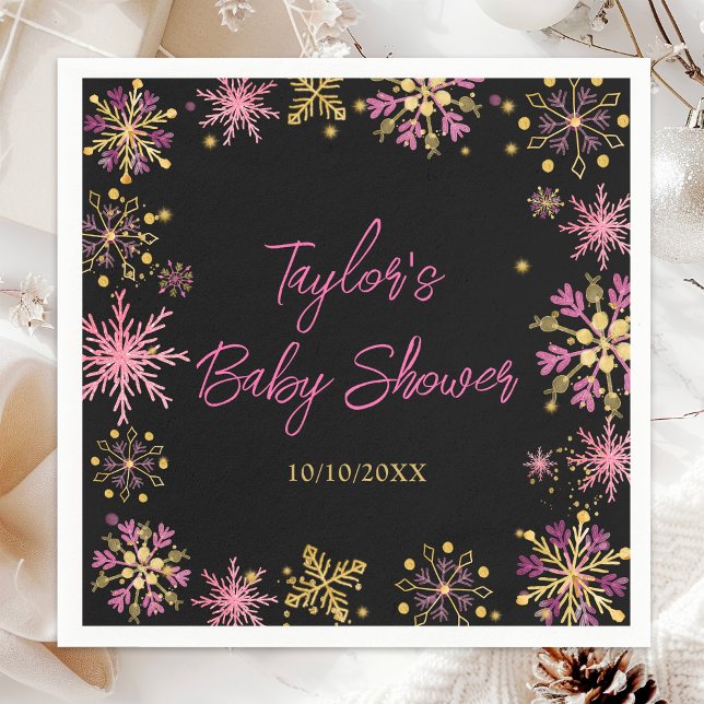 Gold and Pink Snowflakes Baby Shower Napkins (Creator Uploaded)