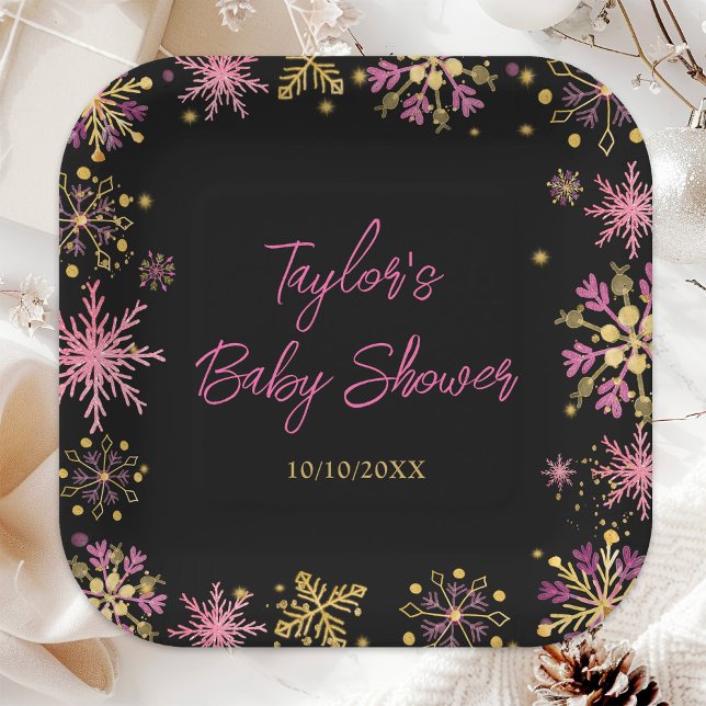 Gold and Pink Snowflakes Baby Shower Paper Plates (Creator Uploaded)