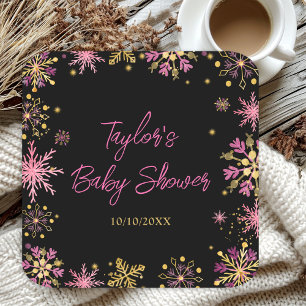 Gold and Pink Snowflakes Baby Shower Square Paper Coaster