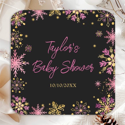 Gold and Pink Snowflakes Baby Shower Square Paper Coaster