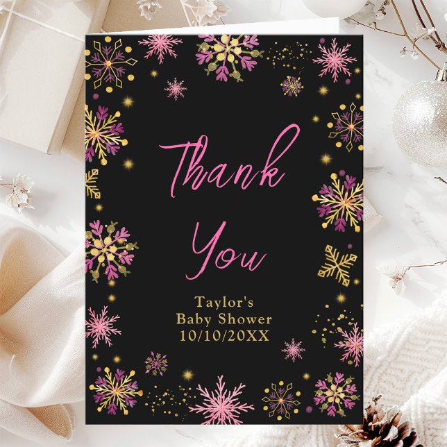 Gold and Pink Snowflakes Baby Shower Thank You Card (Creator Uploaded)