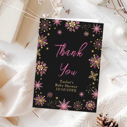 Gold and Pink Snowflakes Baby Shower Thank You Card