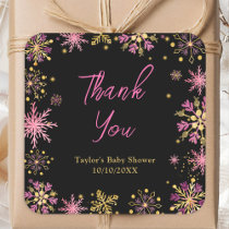 Gold and Pink Snowflakes Baby Shower Thank You Square Sticker