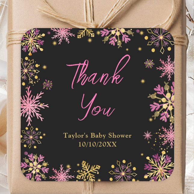 Gold and Pink Snowflakes Baby Shower Thank You Square Sticker (Creator Uploaded)