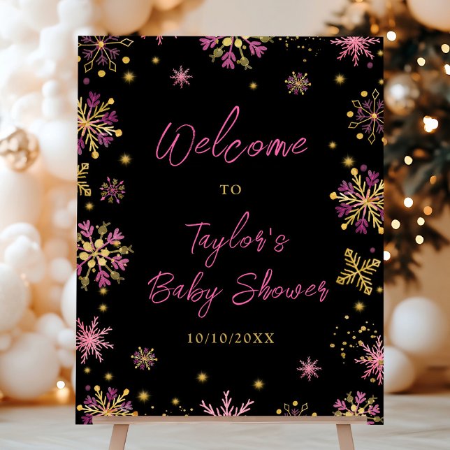 Gold and Pink Snowflakes Baby Shower Welcome Foam Board (Creator Uploaded)