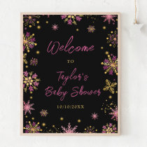 Gold and Pink Snowflakes Baby Shower Welcome Poster