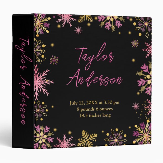Gold and Pink Snowflakes Birth Stats 3 Ring Binder (Front/Spine)
