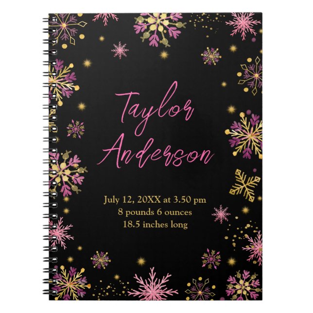 Gold and Pink Snowflakes Birth Stats Notebook (Front)