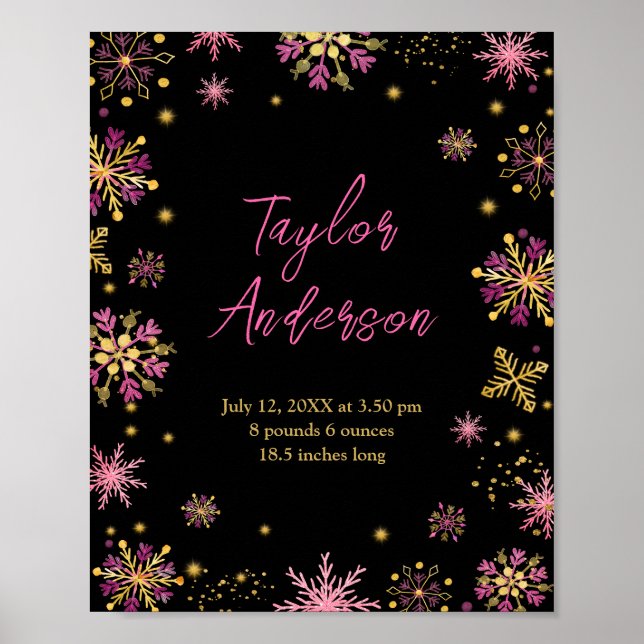 Gold and Pink Snowflakes Birth Stats Poster (Front)