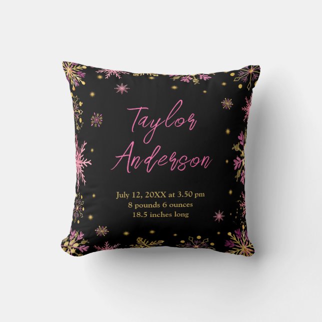 Gold and Pink Snowflakes Birth Stats Throw Pillow (Front)