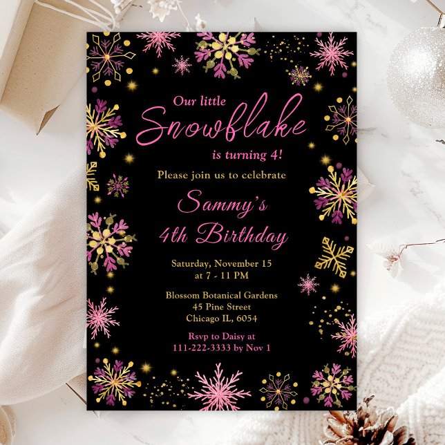 Gold and Pink Snowflakes Birthday Party Invitation (Creator Uploaded)
