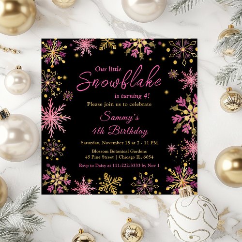 Gold and Pink Snowflakes Birthday Party Invitation