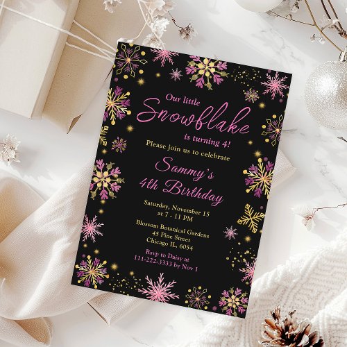 Gold and Pink Snowflakes Birthday Party Invitation