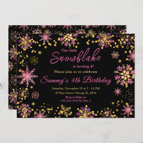 Gold and Pink Snowflakes Birthday Party Invitation