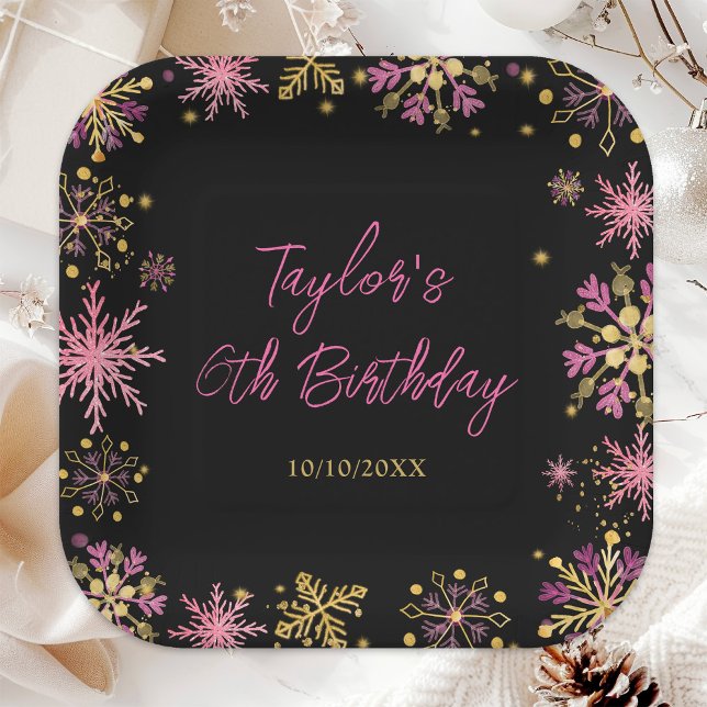 Gold and Pink Snowflakes Birthday Party Paper Plates (Creator Uploaded)