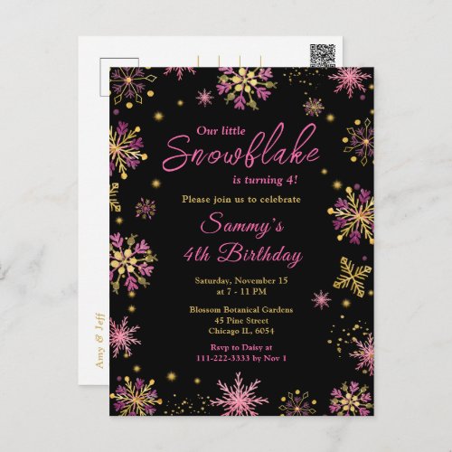 Gold and Pink Snowflakes Birthday Party Postcard