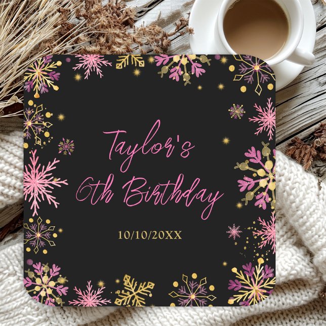 Gold and Pink Snowflakes Birthday Party Square Paper Coaster (Creator Uploaded)
