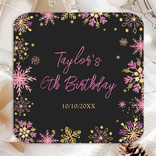 Gold and Pink Snowflakes Birthday Party Square Paper Coaster