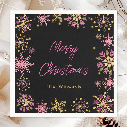 Gold and Pink Snowflakes Christmas Party Napkins