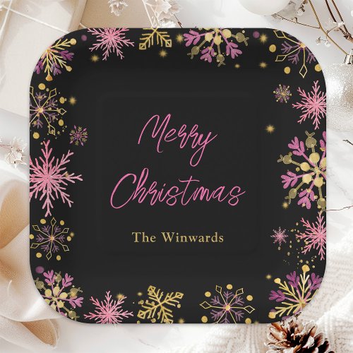 Gold and Pink Snowflakes Christmas Party Paper Plates