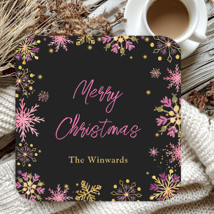Gold and Pink Snowflakes Christmas Party Square Paper Coaster