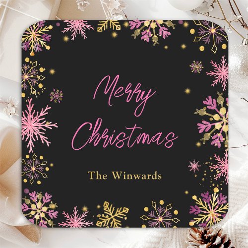 Gold and Pink Snowflakes Christmas Party Square Paper Coaster