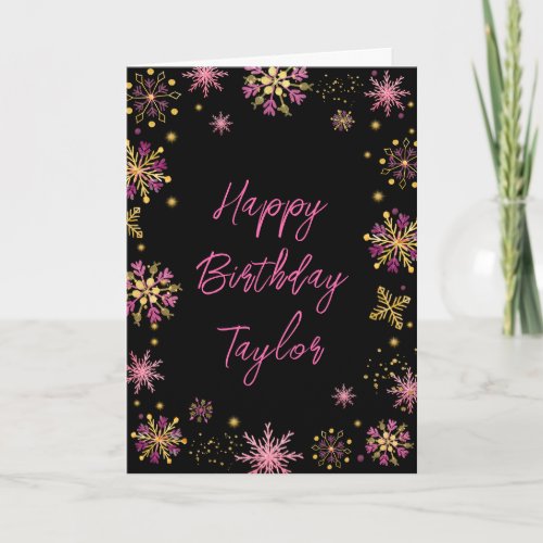 Gold and Pink Snowflakes Happy Birthday Card
