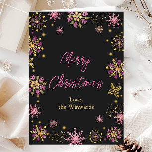 Gold and Pink Snowflakes Merry Christmas Holiday Card