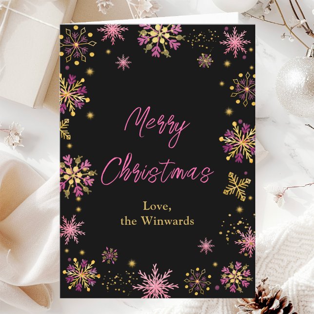 Gold and Pink Snowflakes Merry Christmas Holiday Card (Creator Uploaded)