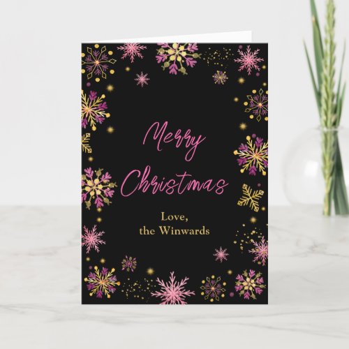 Gold and Pink Snowflakes Merry Christmas Holiday Card