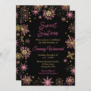 Gold and Pink Snowflakes Sweet Sixteen Invitation