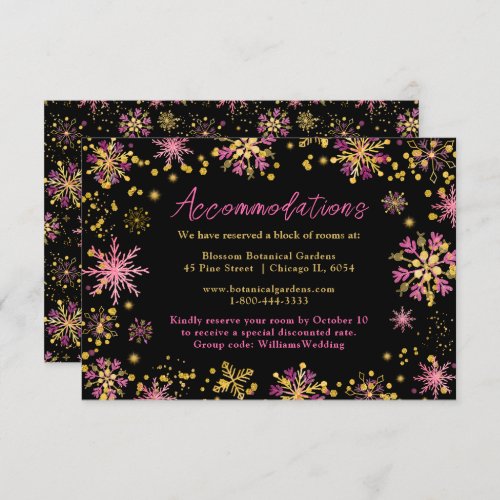 Gold and Pink Snowflakes Wedding Accommodations Enclosure Card