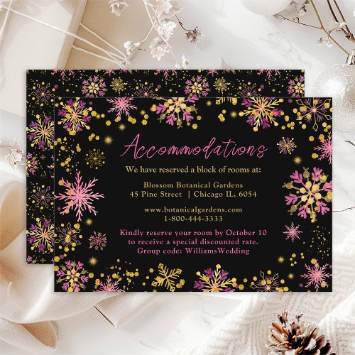 Gold and Pink Snowflakes Wedding Accommodations Enclosure Card