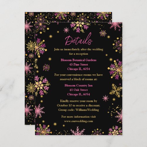 Gold and Pink Snowflakes Wedding Details Enclosure Card