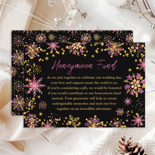 Gold and Pink Snowflakes Wedding Honeymoon Fund Enclosure Card