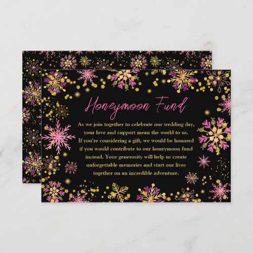 Gold and Pink Snowflakes Wedding Honeymoon Fund Enclosure Card