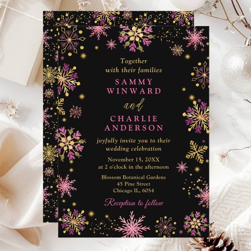 Gold and Pink Snowflakes Wedding Invitation